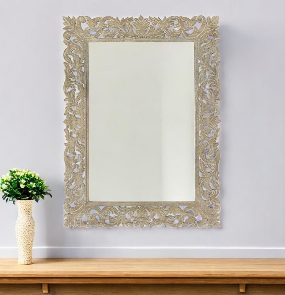 35" Gray Floral Carved Solid Wood Framed Accent Mirror - Grain & Gear