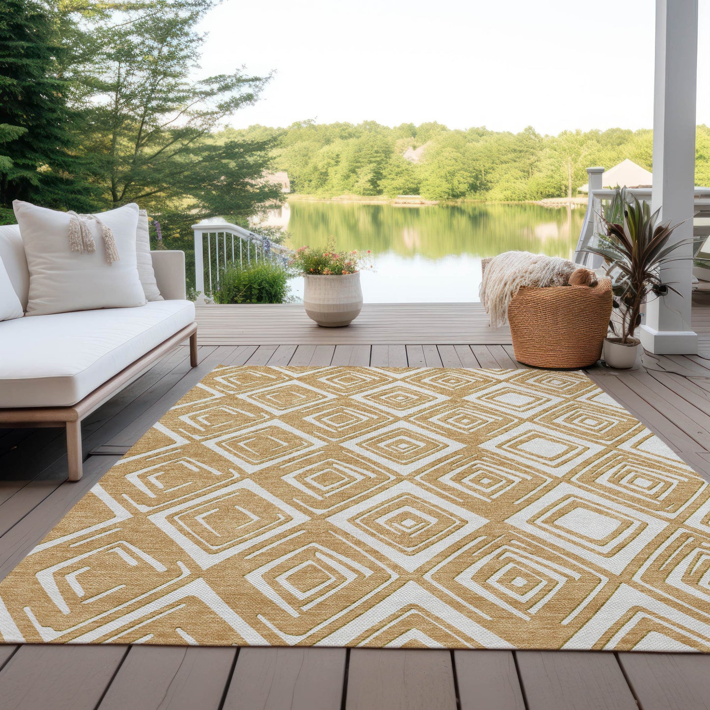 5' X 8' Gold And Ivory Geometric Washable Indoor Outdoor Area Rug - Grain & Gear